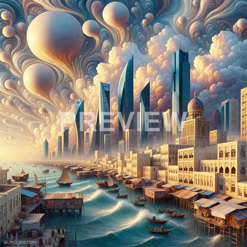 The image depicts a surreal cityscape with a blend of modern skyscrapers and traditional buildings along a waterfront. The sky is filled with swirling clouds and large, floating spherical shapes that give a fantastical, dream-like atmosphere. Small boats sail on the water, contrasting the old and new architectural elements under a vibrant, dynamic sky.